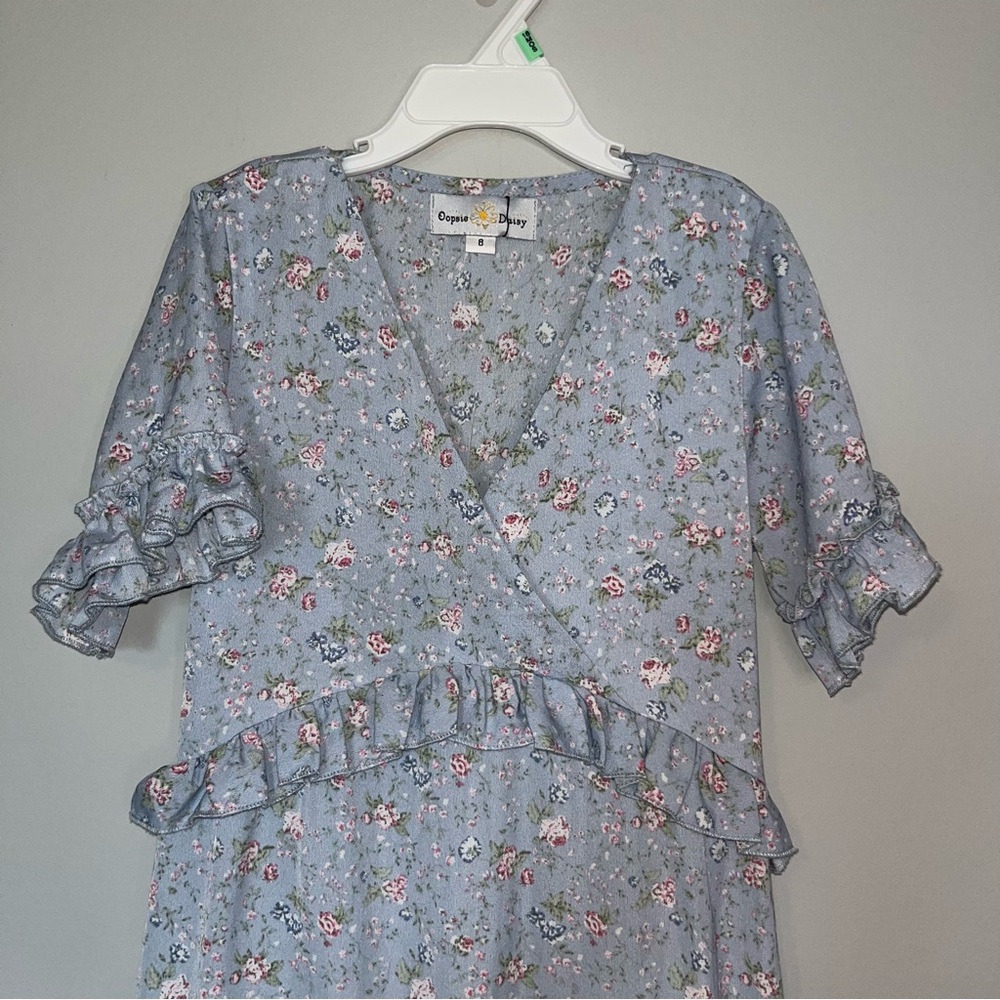 Oopsie Daisy Floral Kids Casual Dress - Blue- girls 8 - Picture 3 of 6